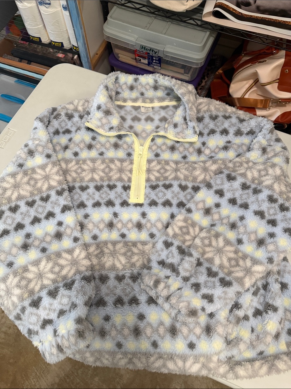 No Boundaries Cozy Fuzzy Quarter-Zip Pullover - Gray, Cream & Pale Yellow